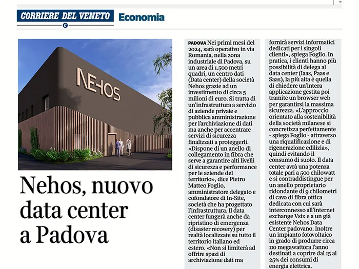 Articolo apertura a Padova del NEHOS Data Center